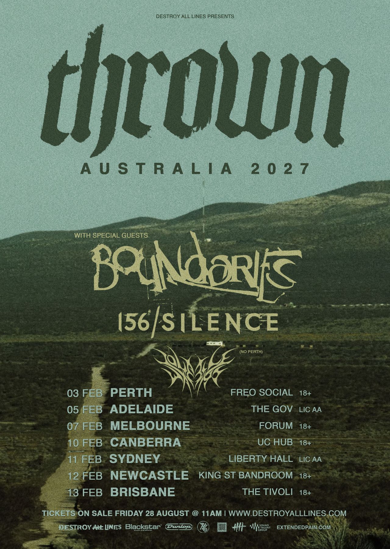 Thrown Australia 2027 tour poster with special guests Boundaries and 156/Silence against a landscape featuring February concert dates.